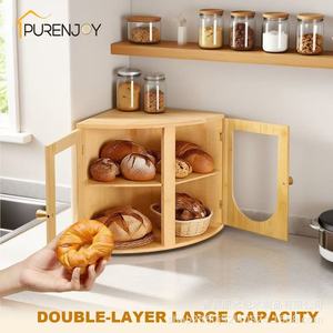 Bamboo Bread Box Double Layer <b>Acrylic</b> Door Kitchen <b>Storage</b> Home Hotel Snack Container - Product Image 3
