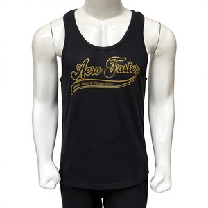 Débardeur de sport Aero Faster pour homme, noir, sans manches, col rond, imprimé par transfert thermique, lettres dorées, décontracté, respirant, 100% coton tricoté - Product Image 1
