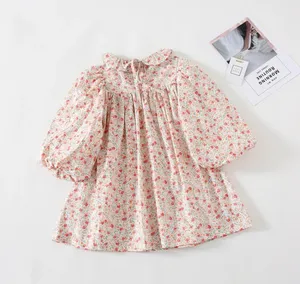 שמלת הדפס פרחוני באיכות גבוהה לילדות בסגנון מתוק אביב פרח ילדי שמלת ילדה שמלת שרוולים נפוחים בגדי ילדים