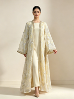 Abaya élégante en polyester à sequins et dentelle florale perlée à la main, ensemble deux pièces ouvert sur le devant avec bordure dorée, Kaftan musulman pour l'Aïd, le Ramadan et l'automne