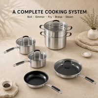Batterie de cuisine complète en acier inoxydable triple couche, comprenant poêle à frire en céramique et cuiseur vapeur, compatible tous feux, avec poignée rivetée et répartition uniforme de la chaleur, vente en gros