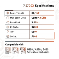 Prosesor Desktop R7 5700X 8-Core 16-Thread AM4 3.4GHz Base 4.6GHz Boost Performa Tinggi