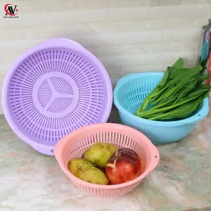 Colador redondo de plástico pp con bandeja, cesta de frutas de cocina multifunción con asas