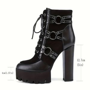 Front Lace up Round Toe Short Booties Women Side Zipper Ankle <b>Boots</b> Metal Buckles Chunky Heels Shoes - Product Image 6