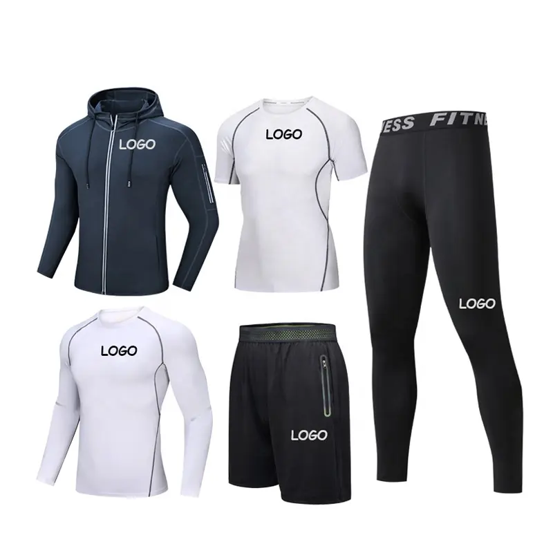 Wholesale Custom Logo Mens Running Compression Tights 5pcs Fitness Clothing Gym Training Running Sports Sets