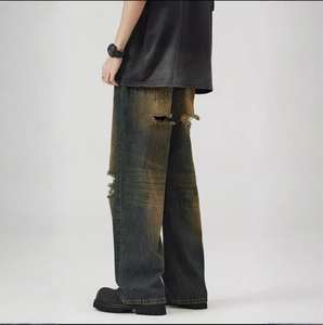 กางเกงยีนส์ทรงตรงของผู้ชายกางเกงยีนส์ฟอกสีลายกรดแนววินเทจ - Product Image 3