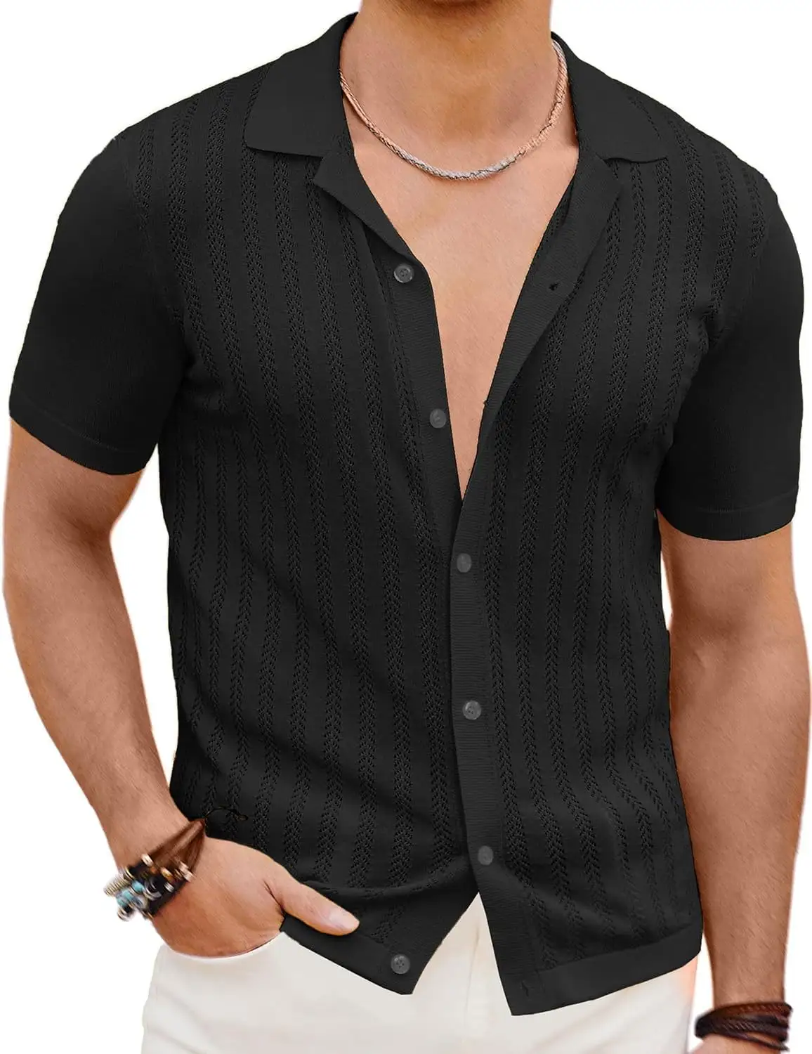 Odoodem erkek moda örme bluz oymak rahat tek göğüslü kısa kollu bluz