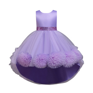 Robe de princesse pour enfants, robe de demoiselle d'honneur en Tulle rose, coupe trapèze, avec pompons, pour fête d'anniversaire - Product Image 5