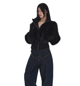 Cappotto Corto Nero di Prima Qualità con Collo alla Coreana in Finta <span class=keywords><strong>Pelliccia</strong></span> Spessa Tessuta e Cerniera per Donne Petite Invernale - Product Image 3