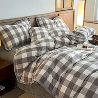 Ensemble de housse de couette et drap en flanelle de coton pur lavé, double face, motif rayé, écologique, 300 fils, chaleur hivernale, idéal pour le ski