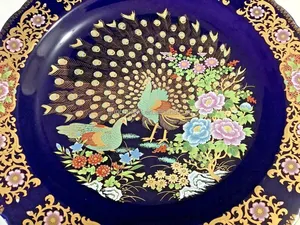 Plateau de paon Vintage japon, bleu Cobalt or fleur paon plateau vaisselle Vintage bleu fin paon plateau assiette plat oiseau scène Charge