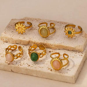 Fashion Stainless Steel Flower Natural Stone Opened <b>Ring</b> Bangles Jewelry for Women - Product Image 1