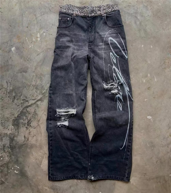 High Street Leopard Print Jeans Men Graphic Denim Pants Distressed Ripped Baggy Streetwear Trousers