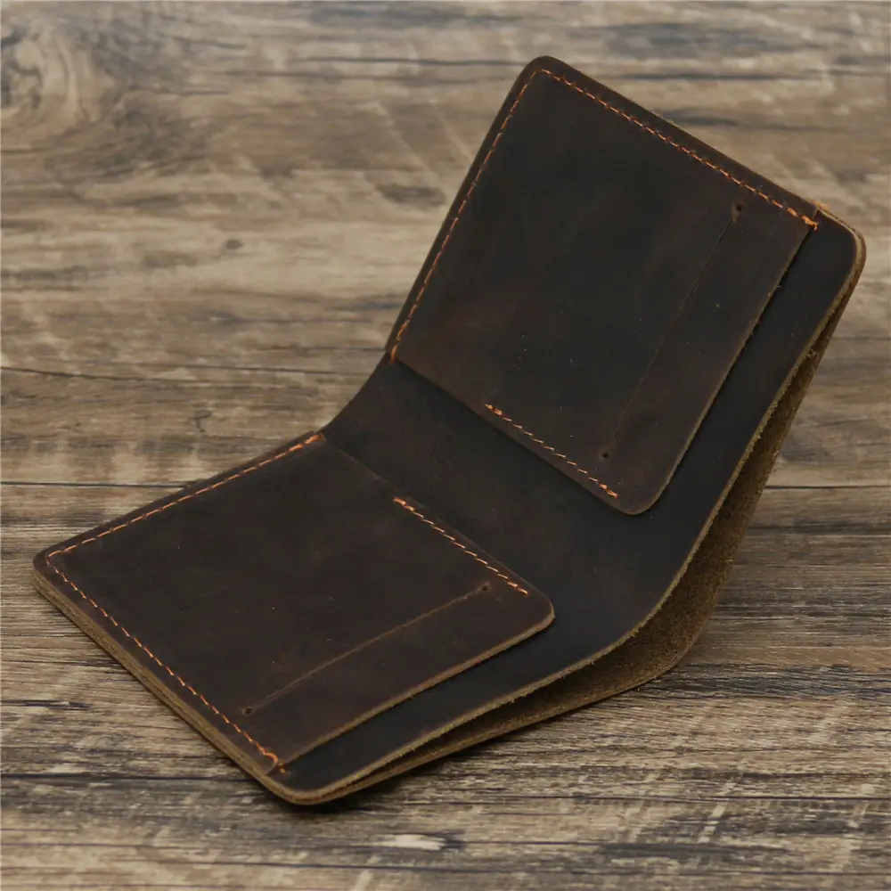 Factory Wholesale Crazy Horse Bifold Genuine Leather Wallet Simple Vintage Style Handmade Men Real Full Grain Leather Wallet
