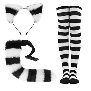 Headband Animal Cosplay Costume Faux Fur Cat Ears and Wolf Fox Tail Set