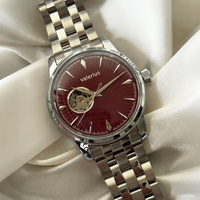 Jam Tangan Otomatis Valerius Men, Dial Burgundy Sunburst Open Heart Skeleton, Gelang Baja Tahan Karat