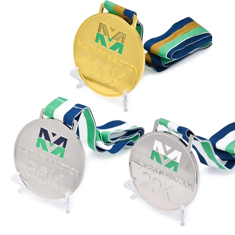 Fournisseur d'or chinois concevez votre propre 20 50k 100k lanière de cou en tissu sport marathon médaille de finition avec ruban