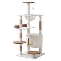 Arbre à chat en sisal avec structure en bois, griffoir, maisonnette et zone de jeu pour sauter et grimper