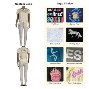 Gran oferta, conjunto de gimnasio personalizado para mujer, Camiseta ajustada de 2 piezas de verano para entrenamiento con cuello en V, Jogger 95% algodón 5% Spandex para mujer - Product Image 3