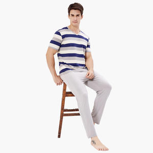Mens <b>Blue</b> <b>White</b> <b>Striped</b> Pajamas Knitted Men's Sleepwear Loungwear Set Custom Bamboo Pajamas Sets Mens Clothing Vietnam Factory - Product Image 1
