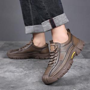 Chaussures en cuir décontractées à lacets pour hommes, bout rond, semelle extérieure en caoutchouc antidérapante, pour l'automne, usage extérieur, couleur unie, décoration à rayures - Product Image 4