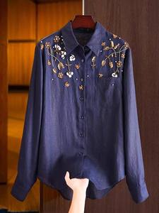 Camicette in Lino di Alta Qualità Nuova Collezione Primavera Estate 2026 <span class=keywords><strong>Camicetta</strong></span> da Donna con Colletto Rovesciato Decorazione con Perline Maniche Lunghe Blu <span class=keywords><strong>Arancione</strong></span> - Product Image 6