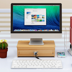 <b>Computer</b> Monitor Stand With Drawer Storage <b>Desk</b> Organizer For Office Desktop Use Cherry Wood Color - Product Image 4