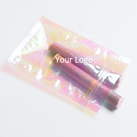Sac à fermeture éclair pour outils de maquillage en mylar, rose transparent, holographique, avec impression personnalisée