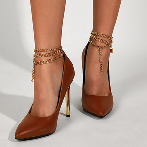 รองเท้าส้นสูงแบบส้นเข็มประดับโซ่ทองสำหรับเจ้าสาว  รองเท้าแตะส้นสูงสำหรับผู้หญิง  รองเท้าส้นสูงโลหะแบบบาง - Product Image 3