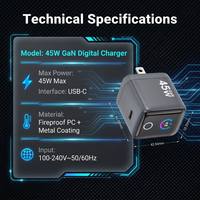 Cargador Rápido GaN PD de 45W con Enchufe Fijo para la UE, Pantalla Digital, Cargador de Pared USB-C Único, Mini Cargador Portátil para Teléfono y Laptop