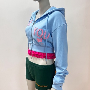 Women High Quality Distress Embroidery Patch <b>Zip</b> <b>up</b> Hoodie Casual Wear Custom <b>Crop</b> Lace Pullover Hoodies Sweatshirt - Product Image 3