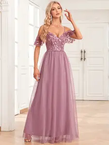 Odoodem Vestidos de noite formais longos com renda floral elegante para mulheres com alças de espaguete suspensório decote duplo V sem costas