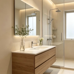 Lemari Kabinet <span class=keywords><strong>Kamar</strong></span> <span class=keywords><strong>Mandi</strong></span> Mewah Custom Seluruh Rumah, Desain Khusus, Terbuat dari Kayu Oak, Modern, Gantung di Dinding, dengan Wastafel Putih - Product Image 1
