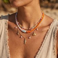 Kalung Liontin Bintang Laut dan Kerang RINHOO untuk Musim Panas, Kalung Choker Ikan Mutiara Manik-Manik Warna-Warni Gaya Boho untuk Wanita, Perhiasan Pesta Liburan