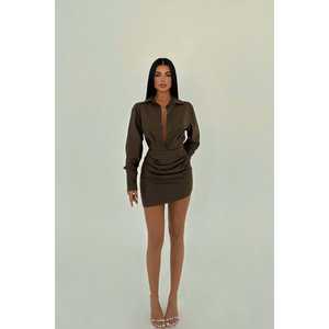 Vestido Mini Marrón para Mujer, Cuello Camisero, Elegante, Casual, Estilo Fiesta, Cintura Imperio, con Volantes, Formal para el Día, Tallas XS-XL, Translúcido - Product Image 2