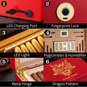 กล่องซิการ์ไม้ซีดาร์ล็อคลายนิ้วมือพร้อมไฟ LED กล่องของขวัญซิการ์มังกรแดงทอง - Product Image 5