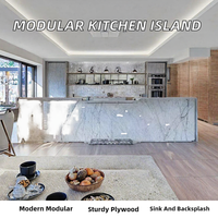 Ensemble d'îlot de cuisine modulaire moderne personnalisé en bois, construction en contreplaqué, prêt à assembler, inclut évier et crédence, pour la maison