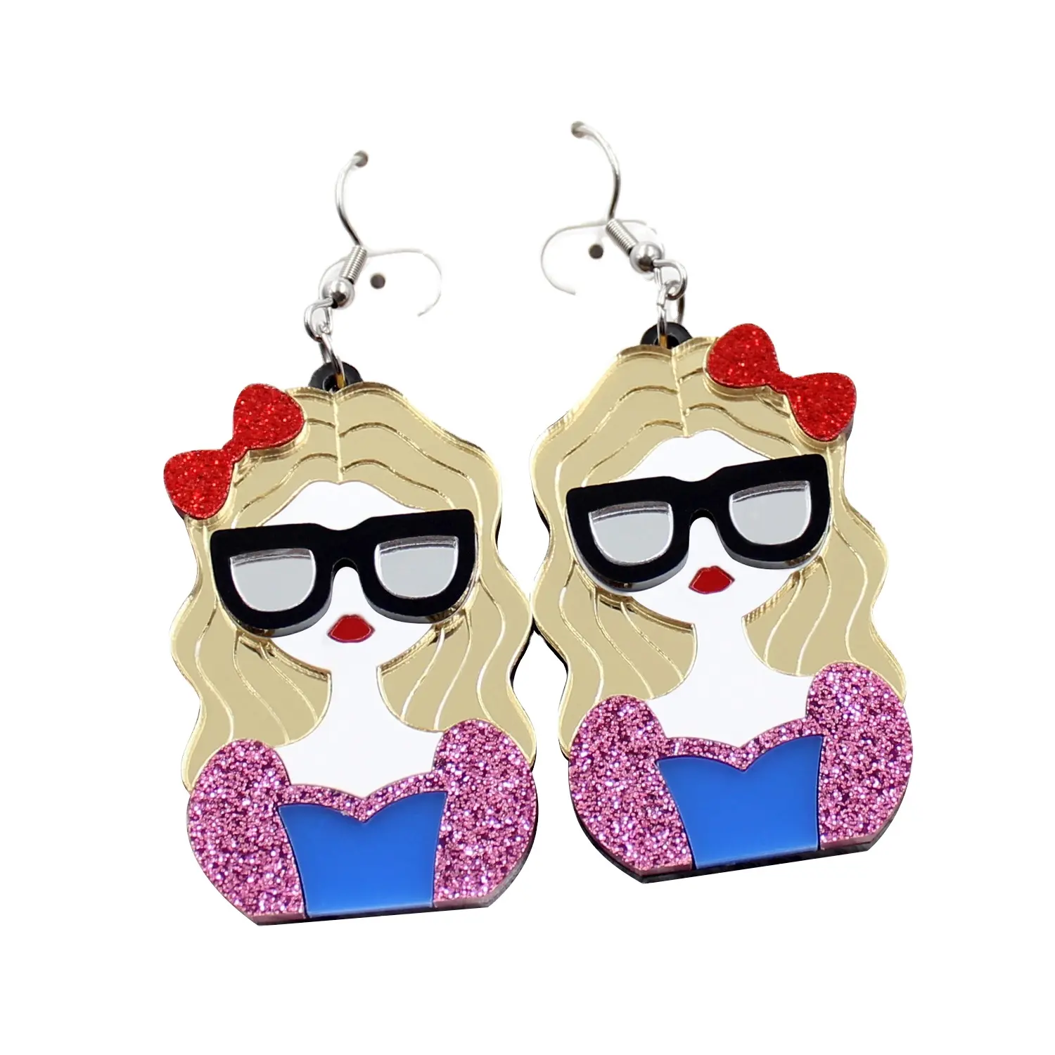 ERS178HP045 Free Shipping Cute Girl Dangle Black Glasses Red Bow Blond Hair Glitter Acrylic Earrings