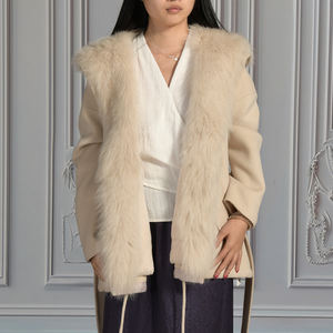 Manteau en <span class=keywords><strong>laine</strong></span> double face d'hiver personnalisé Jxwatcher avec capuche et veste en fourrure véritable 2 pièces pour femmes, grand col en fourrure de renard, manteau en cachemire pour femmes - Product Image 3