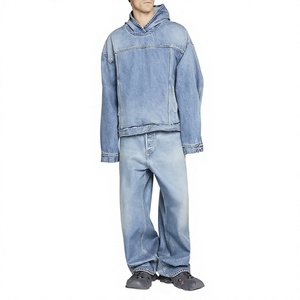 Blanket Denim Custom Tracksuit Jean Oversized Hoodie and <b>Pants</b> Set Jogger Suit Puff Print 100% Cotton Men's Track Suits - Product Image 1