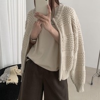Großhandel Damen Chunky Strukturierter Reißverschluss-Cardigan Einfarbiger O-Ausschnitt Crop-Pullover Jacke Langarm Herbst Winter Damen Strick-Oberbekleidung