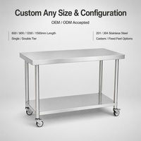Table de travail de cuisine en acier inoxydable commercial à double niveau avec étagère inférieure et roulettes pour restaurant, hôtel, vente en gros