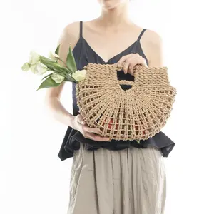 F-2438 new 2024 summer half-round lady straw handbags from vietnam beach travel crochet hats women straw hand bag for wholesale