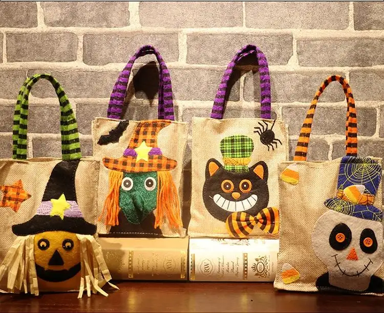 A1357 tuval pamuk cadı desen hediye paketi parti çantası keten omuz çantası çocuklar trick veya treat cadılar bayramı çanta