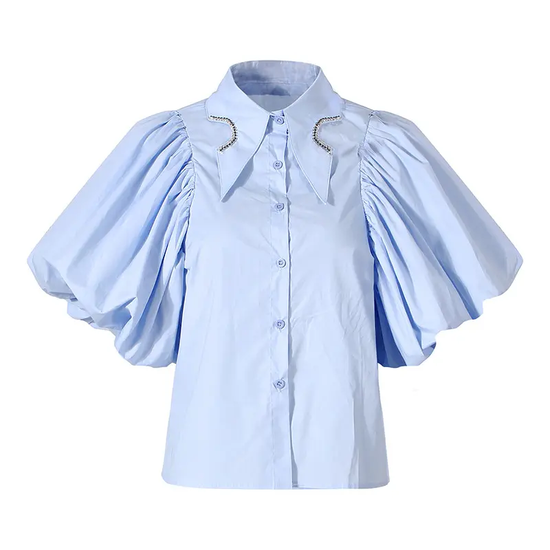 New Fashion Pleated Lantern Short Sleeve Diamond-studded Shirt Single-breasted Summer Women Shirts Blouses and Tops 1 Piece