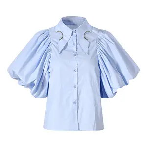 New fashion Pleated Lantern Short Sleeve Diamond-studded Shirt Single-breasted Summer Women Shirts Blouses And Tops