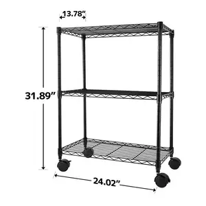 Heavy Duty Steel Adjustable Storage Units Organizer 3 Tiers Wire Shelving With Wheels