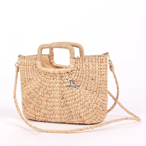 กระเป๋าใส่ของแบบลำลองทำด้วยมือกระเป๋าใส่น้ำกระเป๋าถือผักตบชวามีการปิดซิปและตกแต่งตัวอักษร - Product Image 2