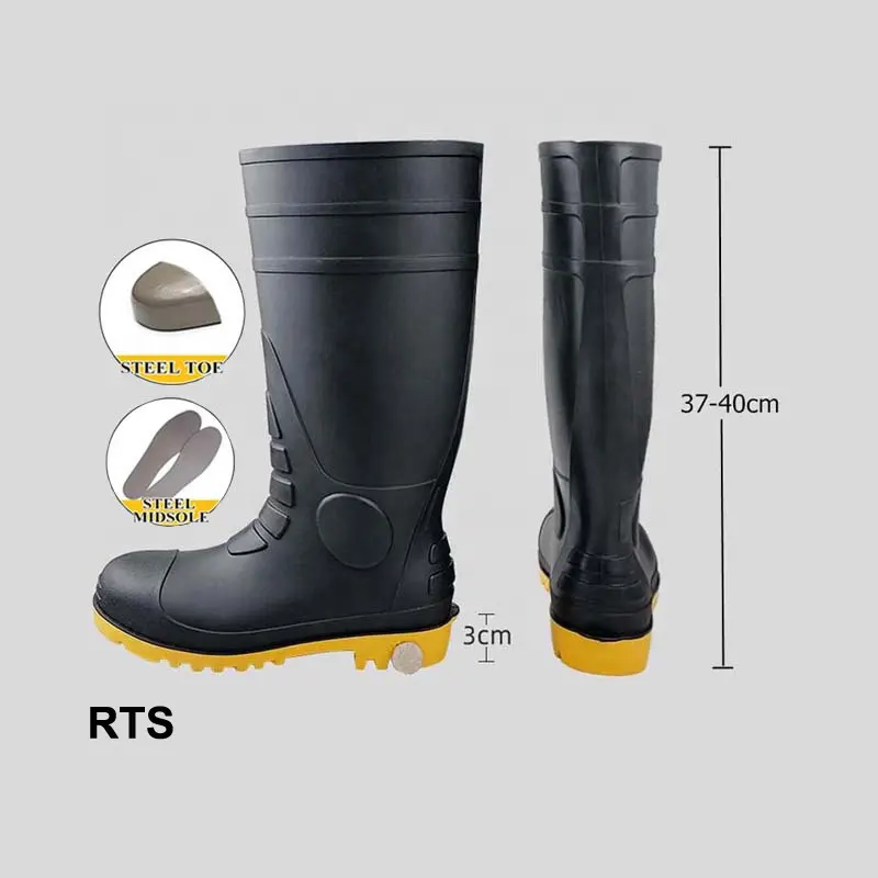 ประหยัด PPE ผู้ชายรองเท้าฝนเหมืองอุตสาหกรรม Anti-กรด Anti-Static เข่าสีดําสูงเหล็ก Toe Midsole PVC รองเท้าแรงงานความปลอดภัย