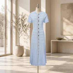Abito lungo da <span class=keywords><strong>donna</strong></span> elegante in maglia traforata stile francese, linea ad A, vita naturale, girocollo, manica corta, Collezione Primavera Estate 2026 - Product Image 4